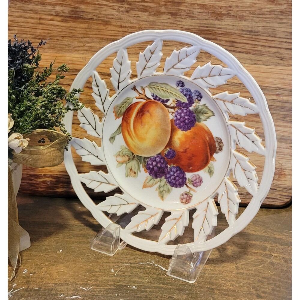 1960s Hand Painted Reticulated Porcelain Fruit Plate - MCM Wall Decor
